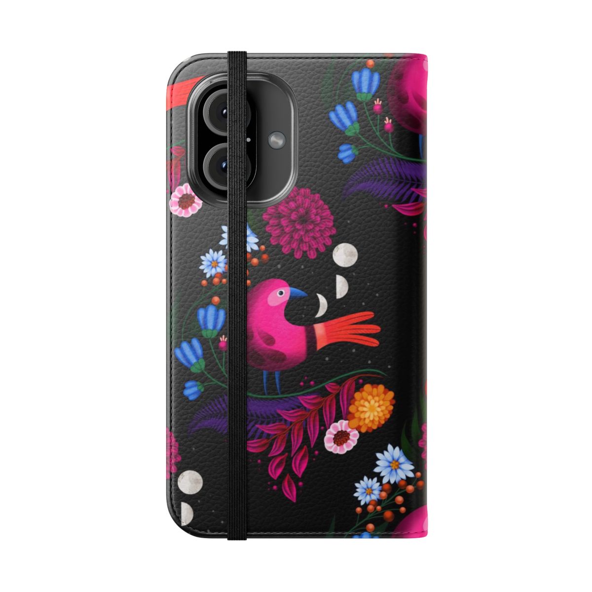 Flip cover phone case with a minimalist, graphical night sky and floral design - Folded Front