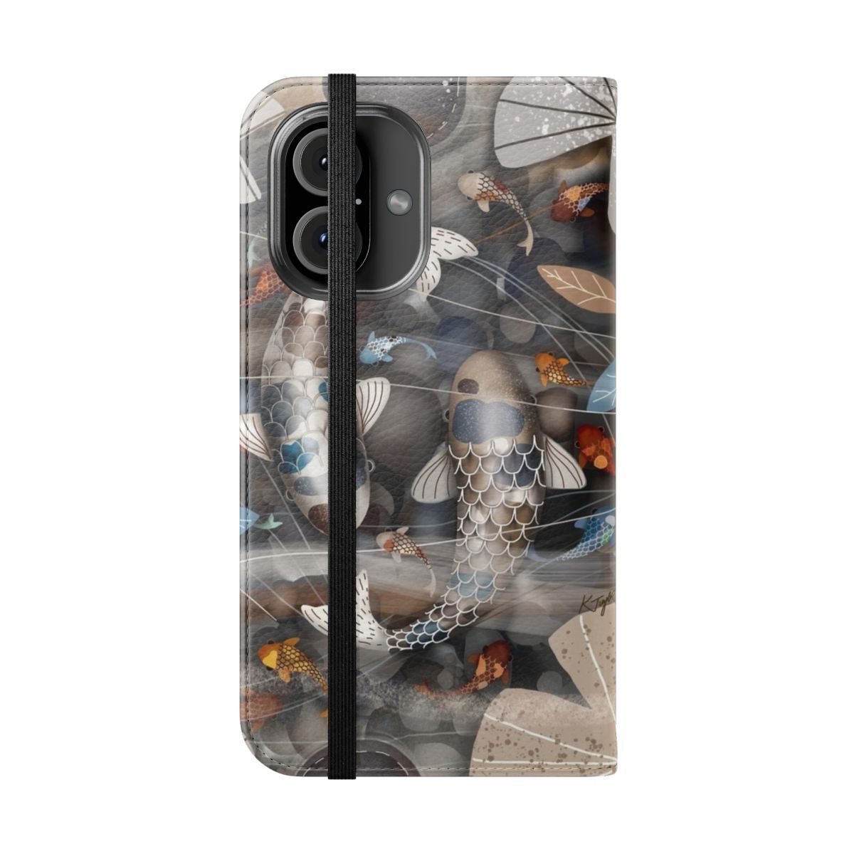 A vibrant and artistic phone case featuring a beautiful koi fish pond design. - Folded Front