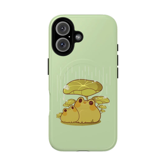 Illustration of cute frogs sitting together in the rain on a phone case