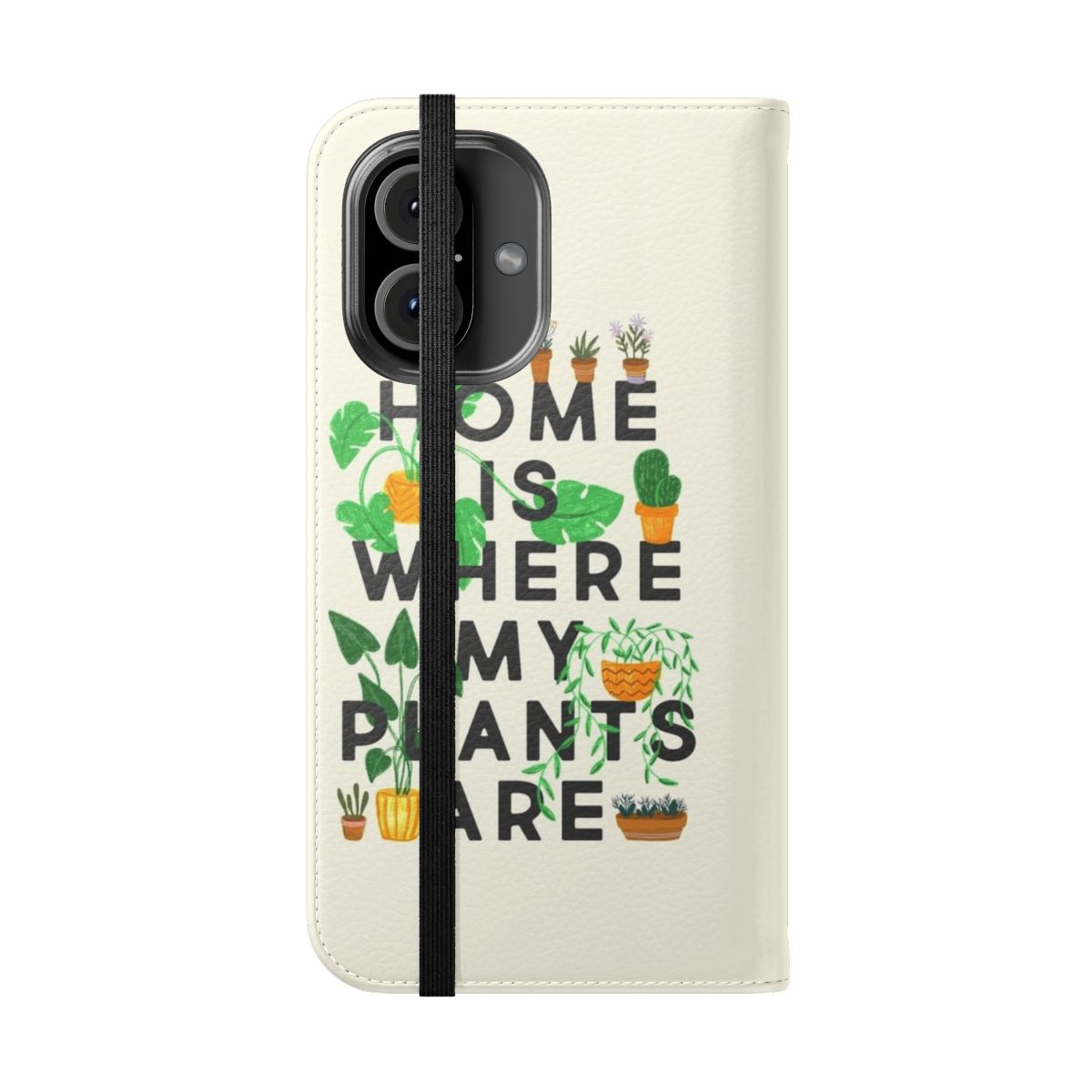 Flip phone case with a "Home Is Where My Plants Are" design, featuring various potted plants and greenery. - Folded Front