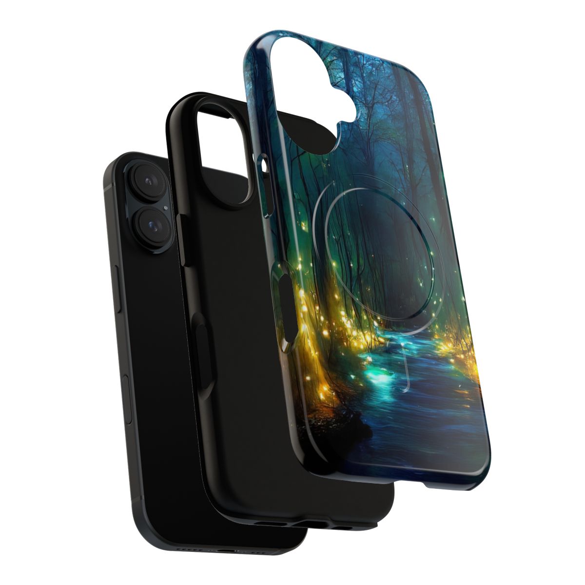 Magnetic tough phone case with a scenic river of light design in a fantasy forest landscape - Layers