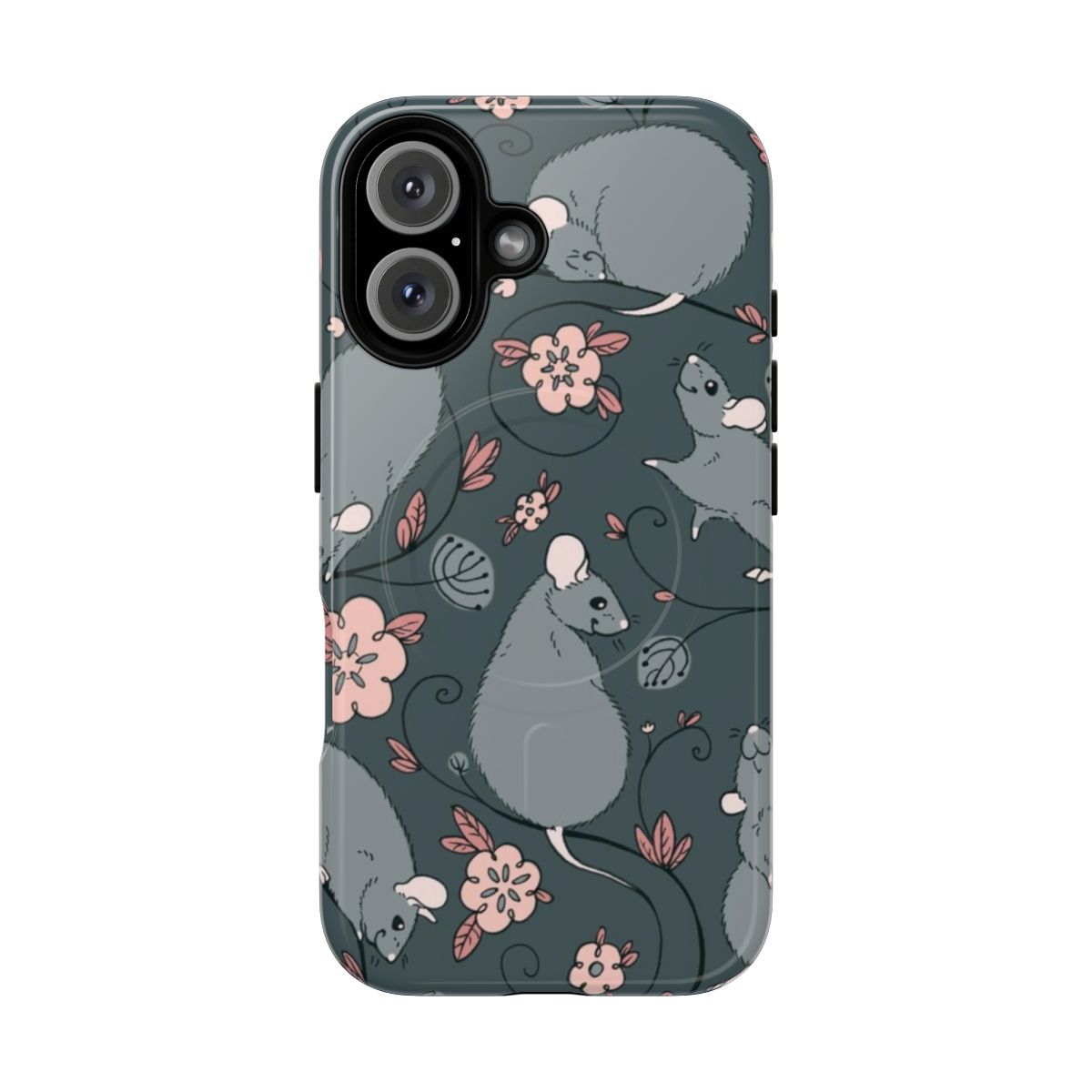 A stylish phone case featuring a repeating floral pattern in grey and pink shades, designed for fancy rats and other small rodents.