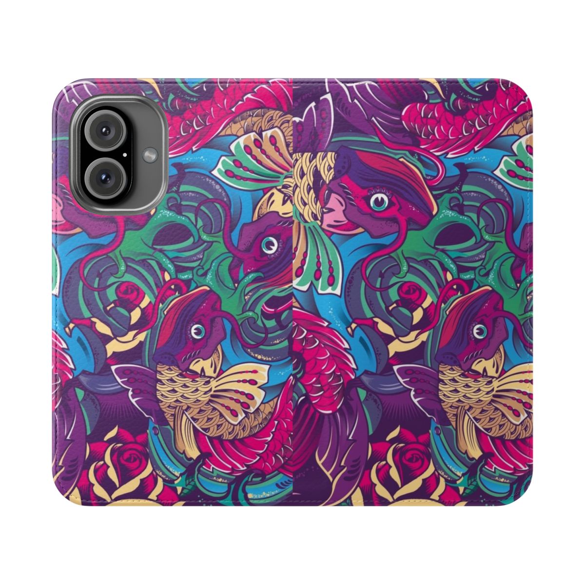 Koi fish tattoo design on a smartphone flip cover case