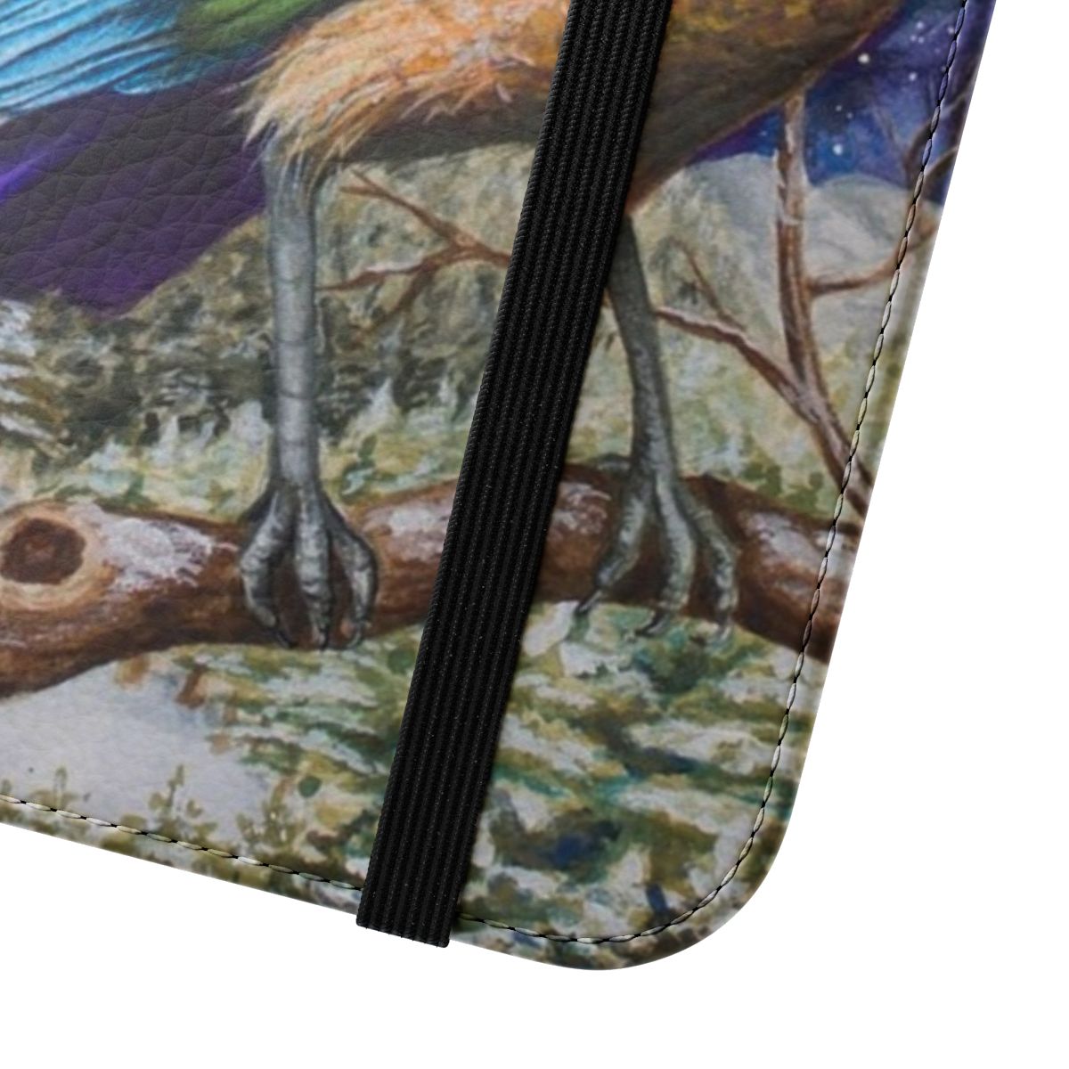 Colorful flip cover phone case featuring a detailed rainbow crow design - Close Up