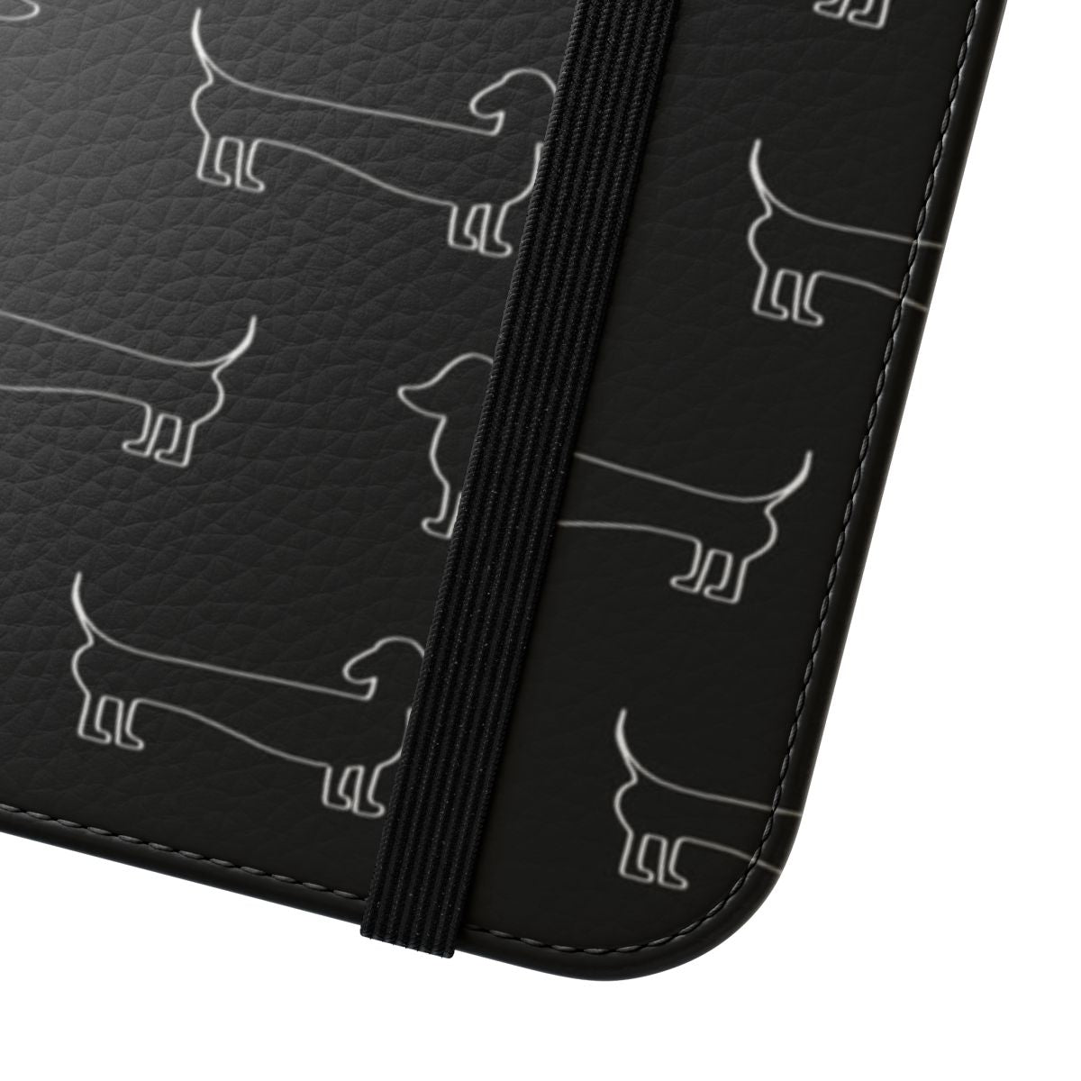 Dark flip cover phone case featuring a white dachshund silhouette pattern. - Close Up