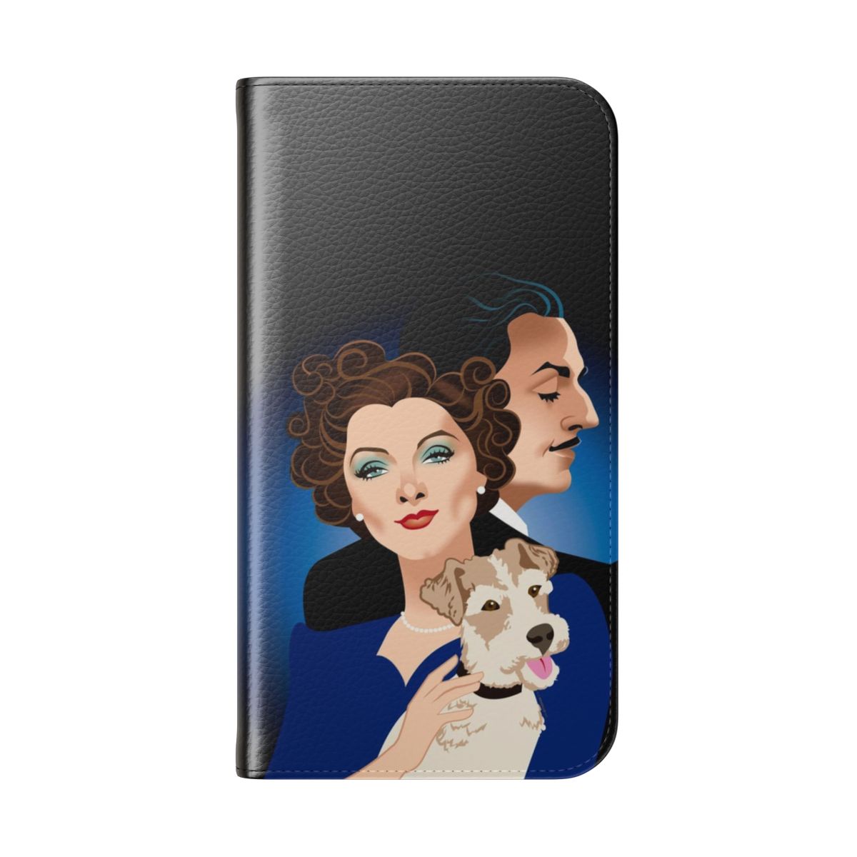 Flip phone case with artwork of a vintage Hollywood detective couple and their fox terrier companion - Folded Back