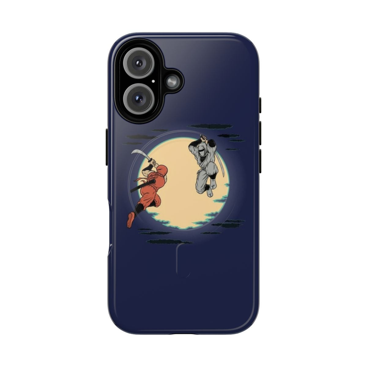 Magnetic tough phone case with a navy blue design featuring ninjas, the moon, and clouds - perfect for retro gaming fans.