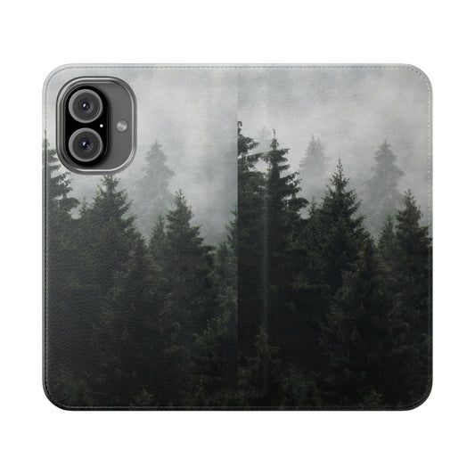 Flip cover phone case featuring a misty, foggy fairytale forest with Cascadia trees covered in magic fog.