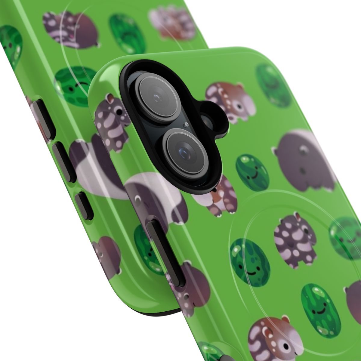 A phone case featuring an illustration of a tapir and watermelons, showcasing a cute and unique design. - Detail