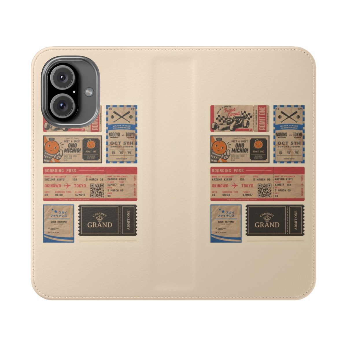 Vintage-style flip cover phone case featuring Yakuza/Ryu ga Gotoku character designs