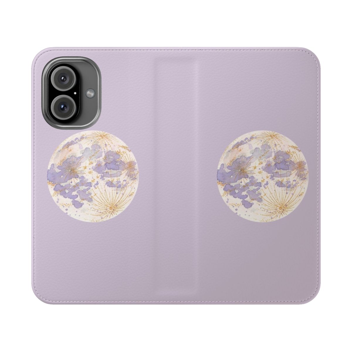 A pastel lavender phone case with a watercolor celestial moon design