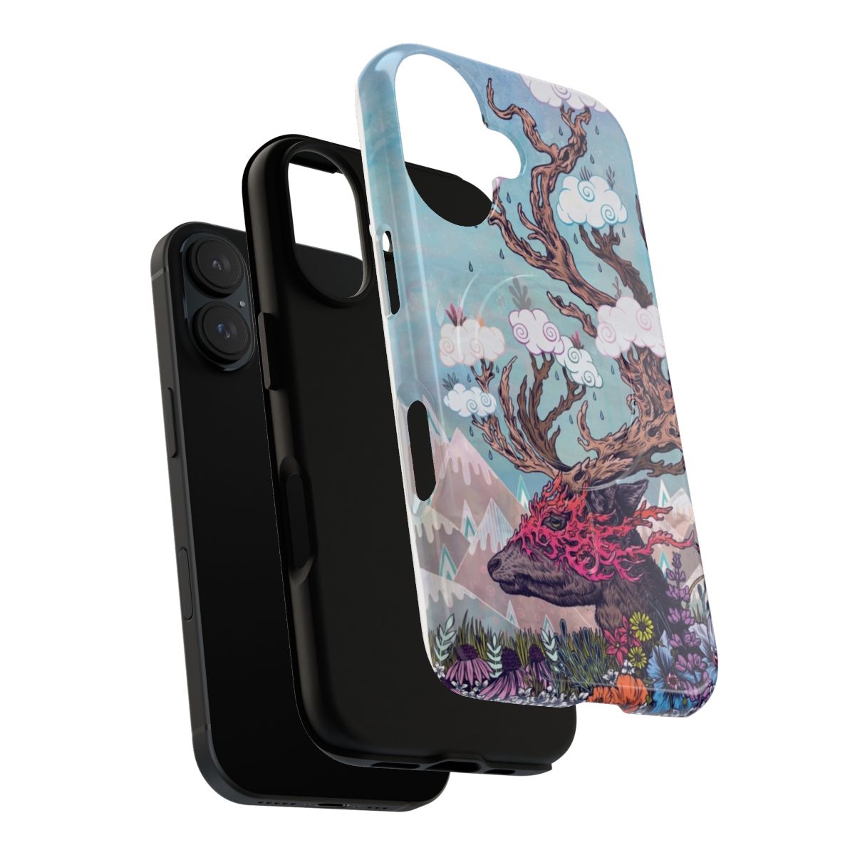 A phone case featuring a surreal, artistic illustration of a deer in a mountain landscape. - Layers