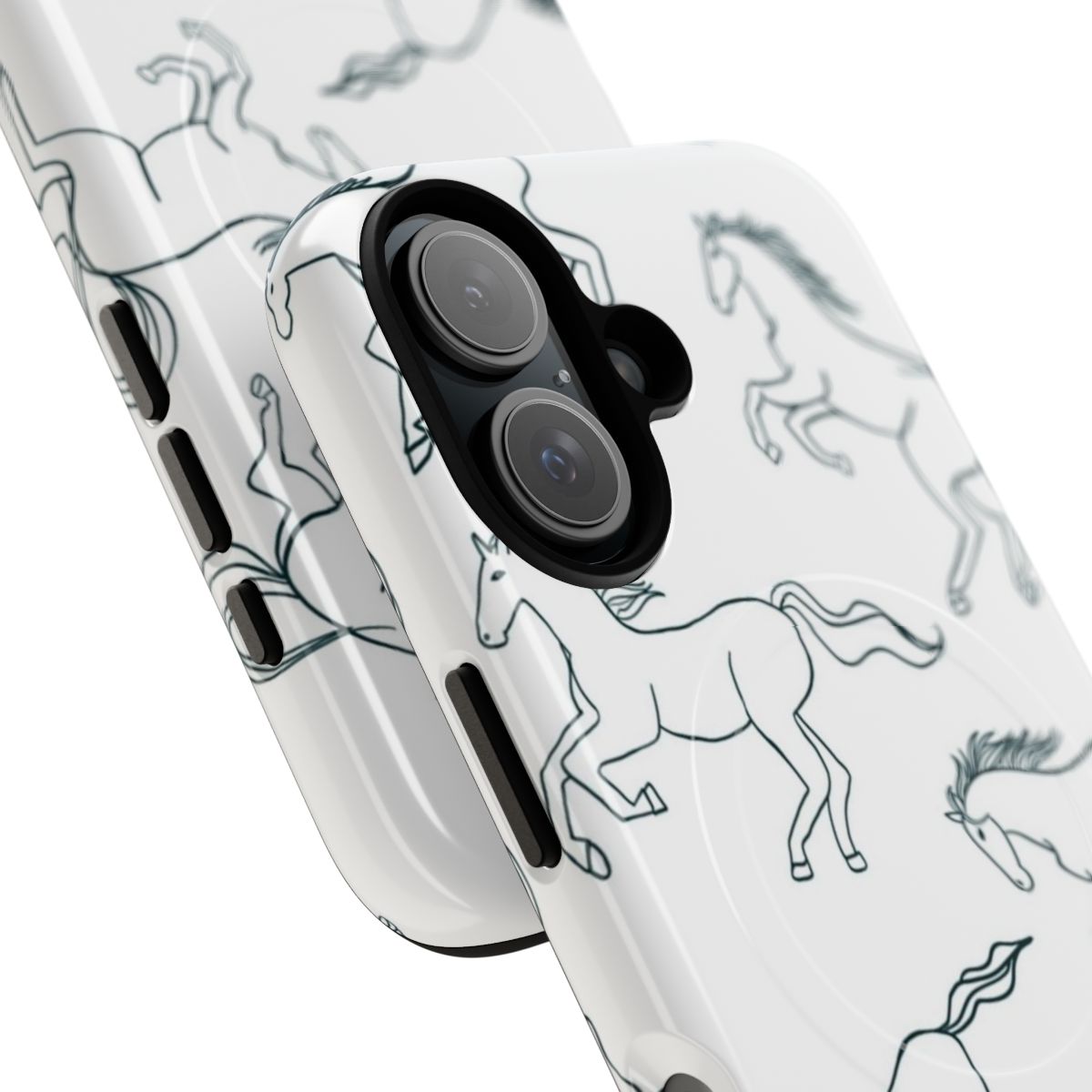 Digitally drawn black and white line art pattern featuring wild horses. - Detail