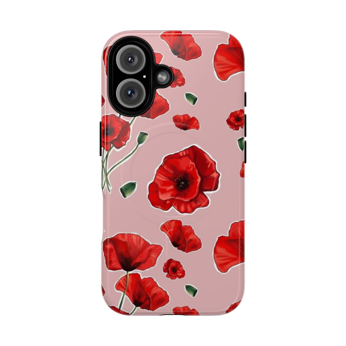 Vibrant pink and red poppy pattern phone case with magnetic closure and tough design.