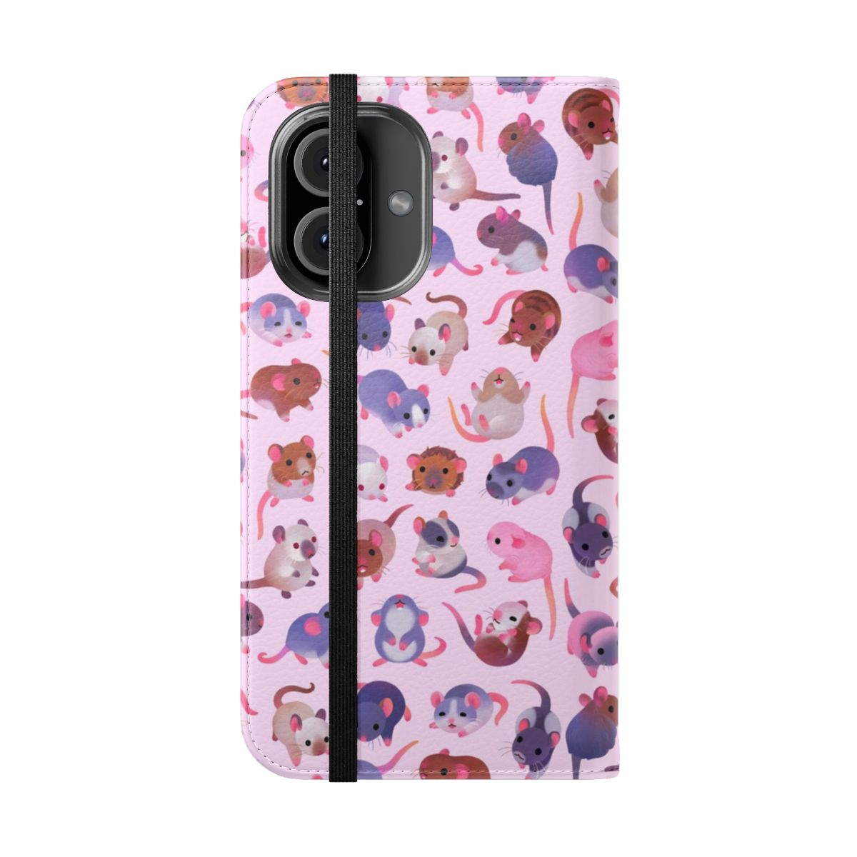 Cute pink phone case with a fancy rat design for animal lovers - Folded Front