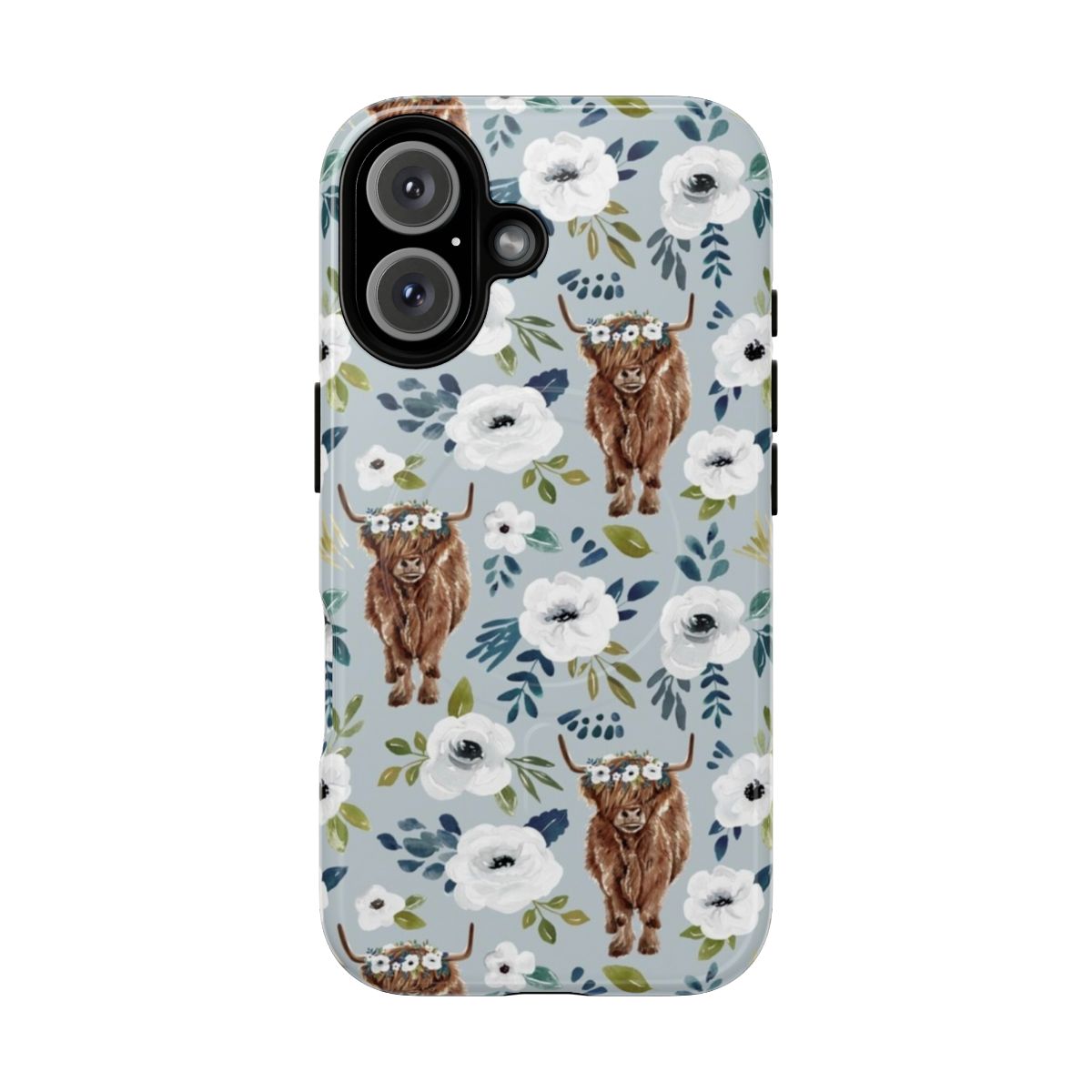 Vibrant floral crown adorning a highland cow, printed on a durable magnetic phone case