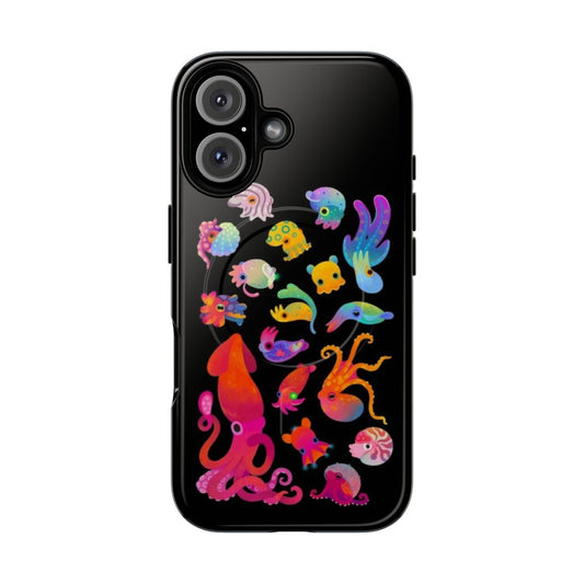 Vibrant cephalopod-themed magnetic phone case showcasing octopus, squid, and other marine life