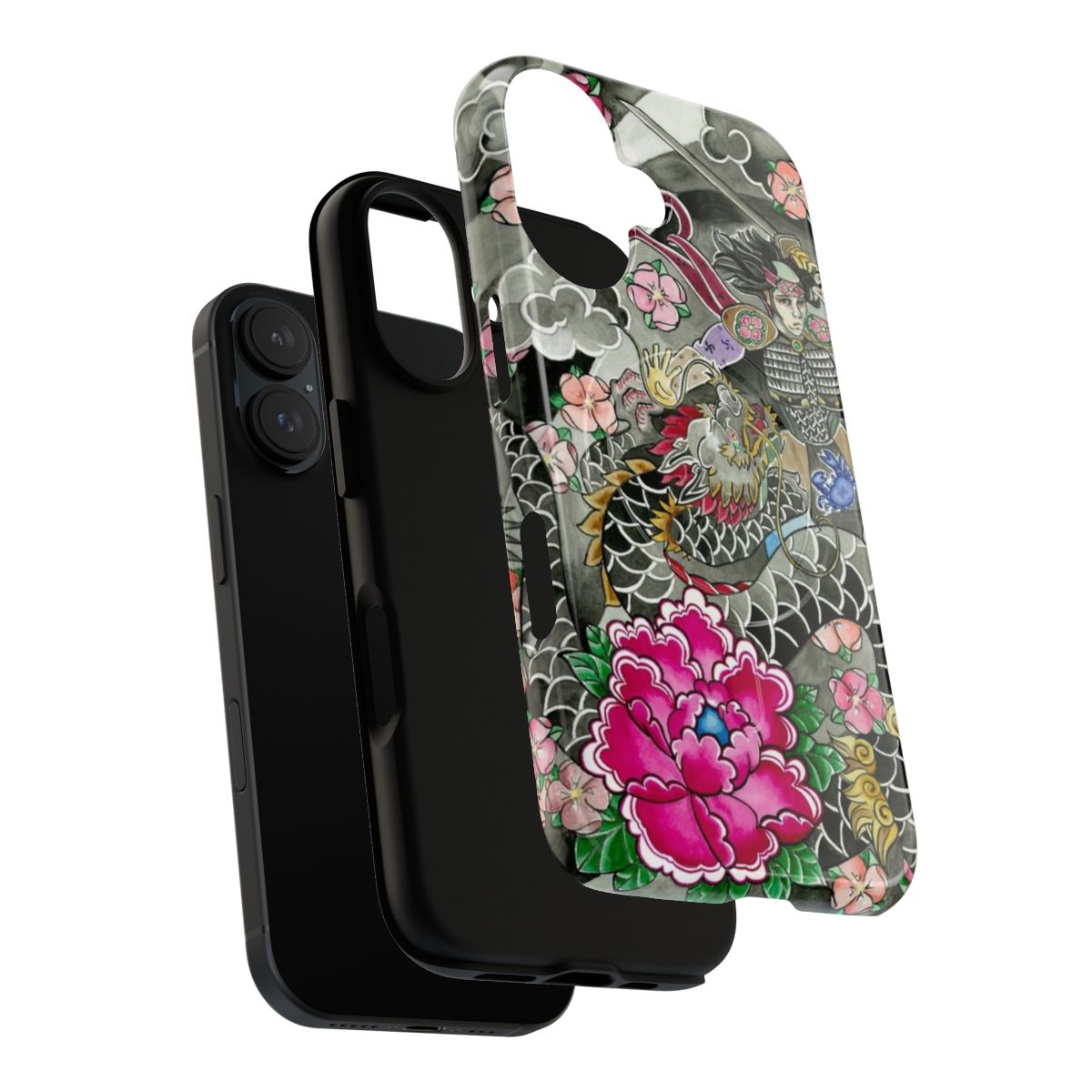 A phone case featuring a watercolor-style design of a samurai and dragon against a Japanese backdrop. - Layers