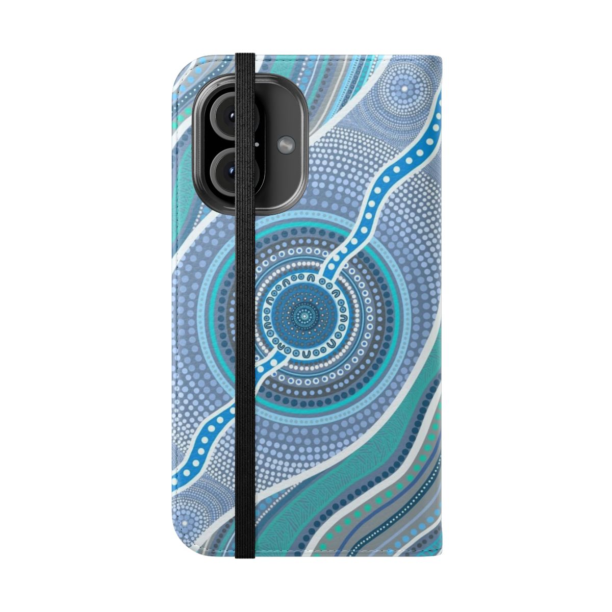 Colorful flip phone case featuring indigenous Australian ocean artwork - Folded Front