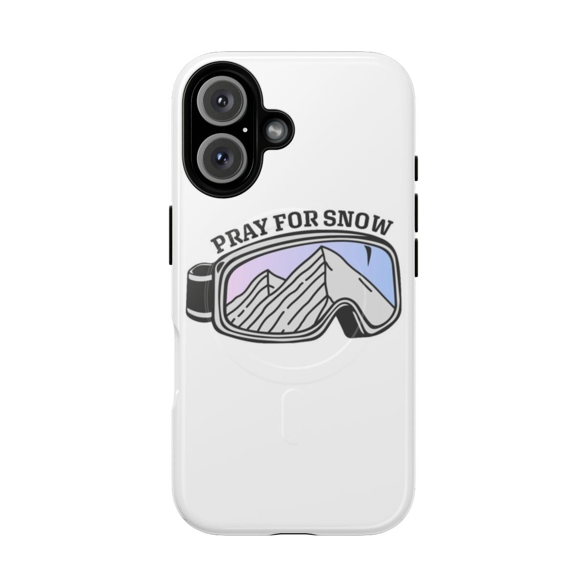 Phone case featuring a sunset mountain landscape and ski goggles design