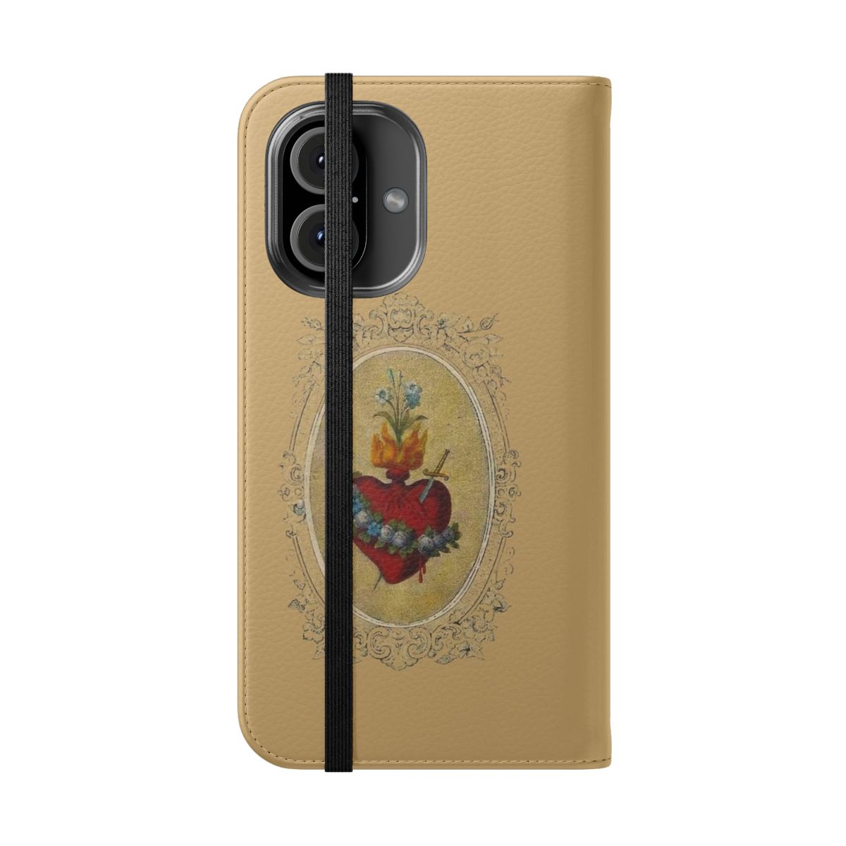 Flip cover phone case featuring a sacred heart of mary design - Folded Front