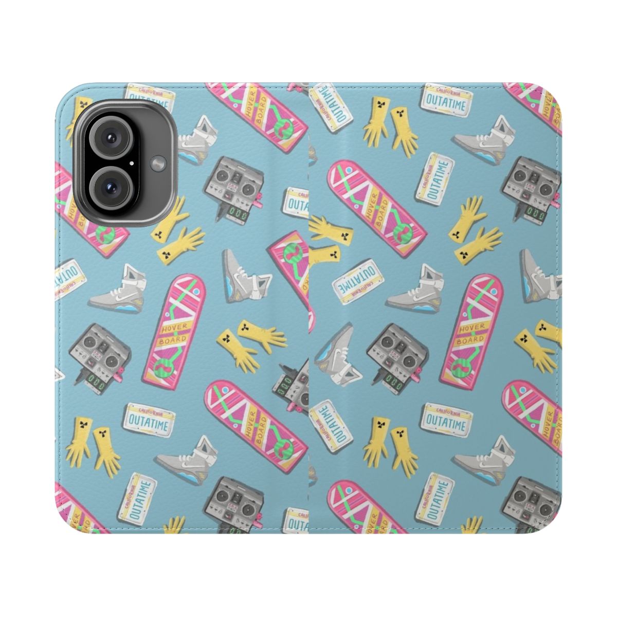 Colorful and whimsical phone case featuring Back to the Future-inspired design with sketches and doodles.