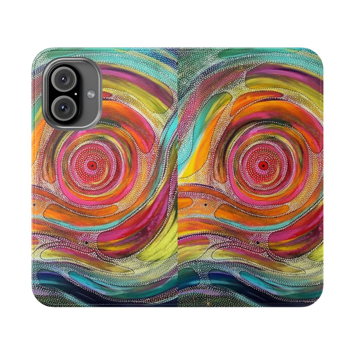 Vibrant abstract painting with Aboriginal-inspired mandala design on a flip phone case