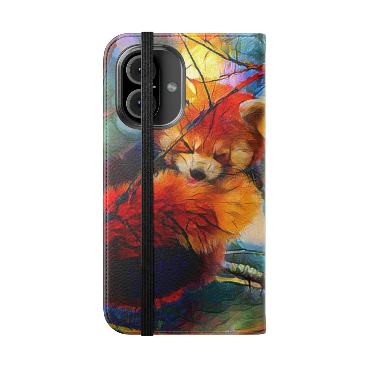 Colorful illustration of a fluffy red panda amidst autumn leaves and branches on a phone case - Folded Front