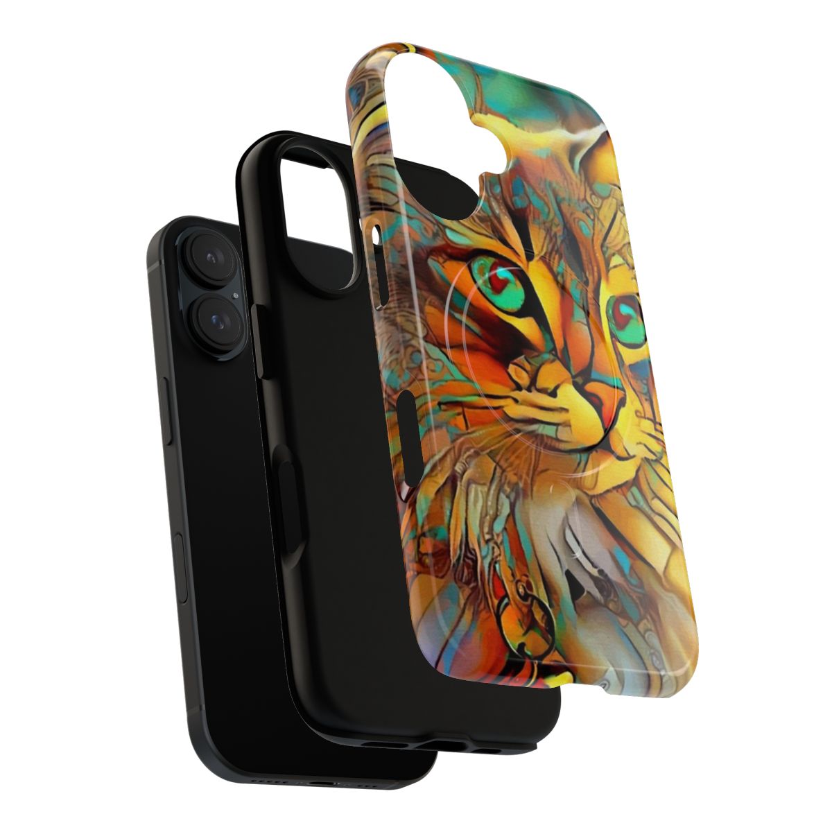 Magnetic tough phone case featuring vibrant cat and chat artwork inspired by Lea Roche's paintings - Layers