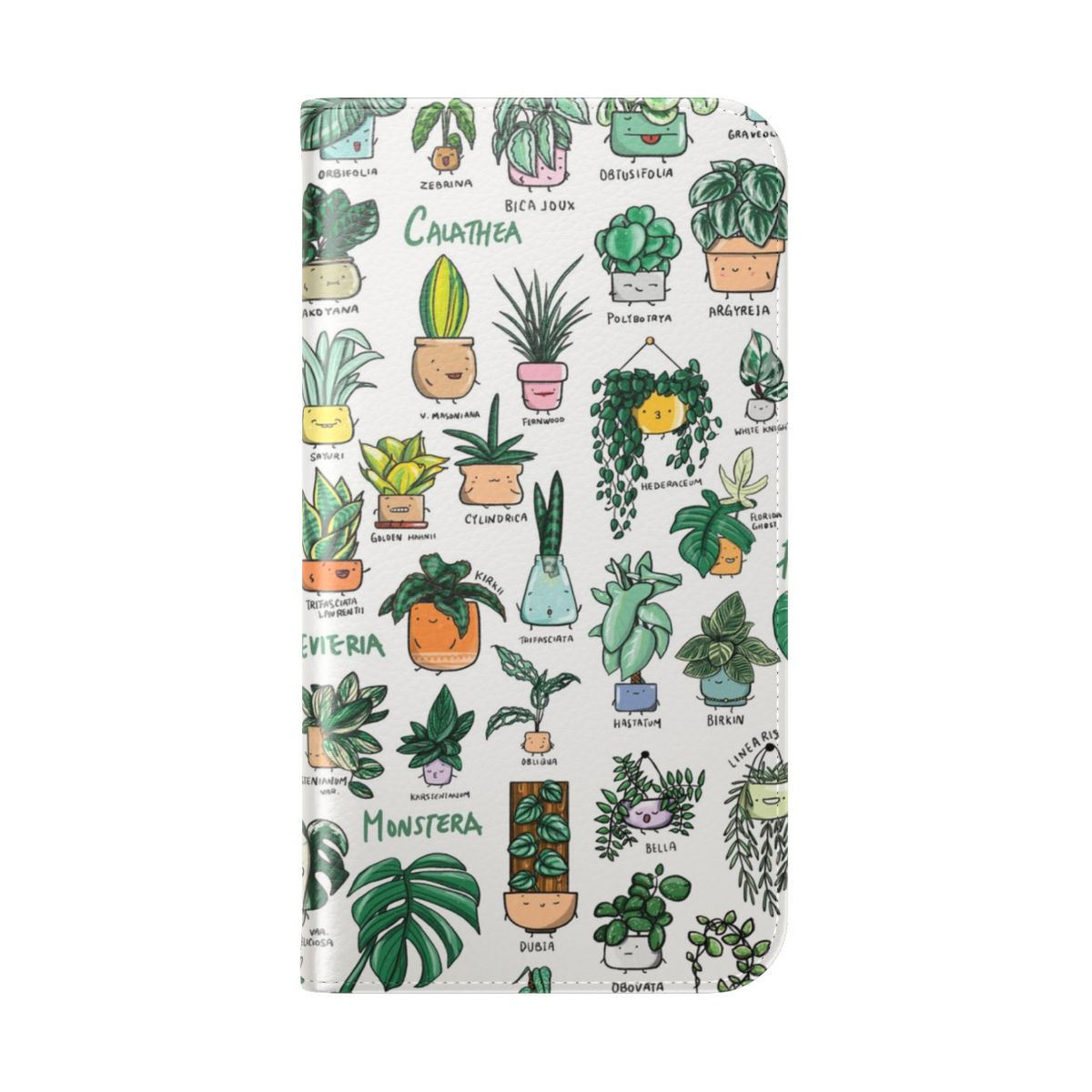 Flip phone case featuring a botanical pattern of monstera and philodendron leaves in shades of green. - Folded Back