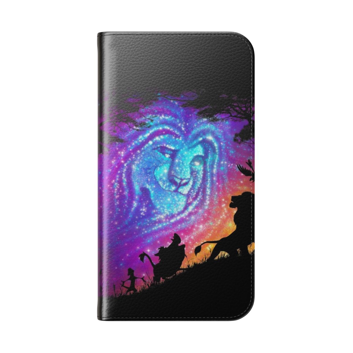 Flip phone case with a vibrant lion king-themed design featuring Mufasa, Simba, Timon, and Pumba in the African savannah. - Folded Back