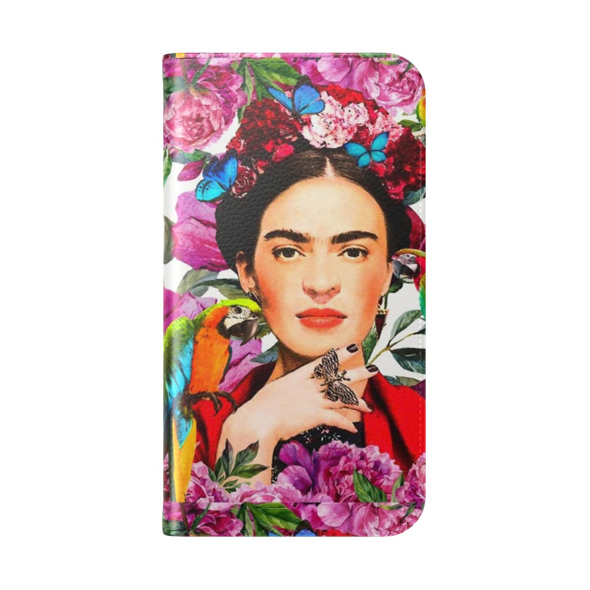 Vibrant phone case with Frida Kahlo-style flowers, birds, and butterflies - Folded Back