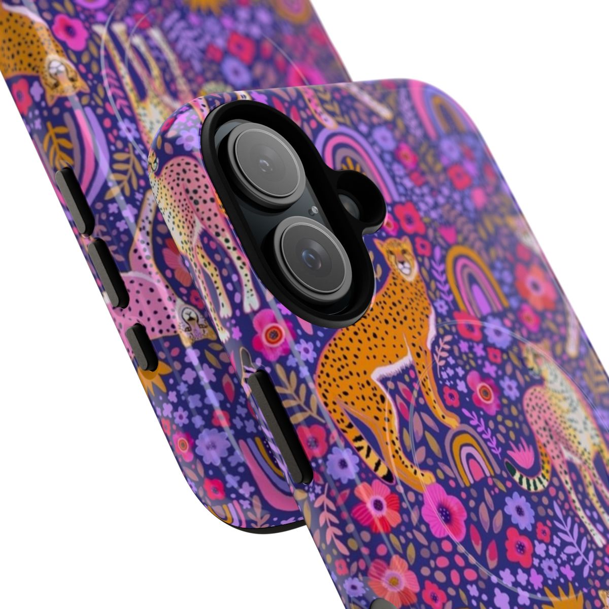 Vibrant illustration of cheetahs in a rainbow garden on a navy blue magnetic phone case - Detail