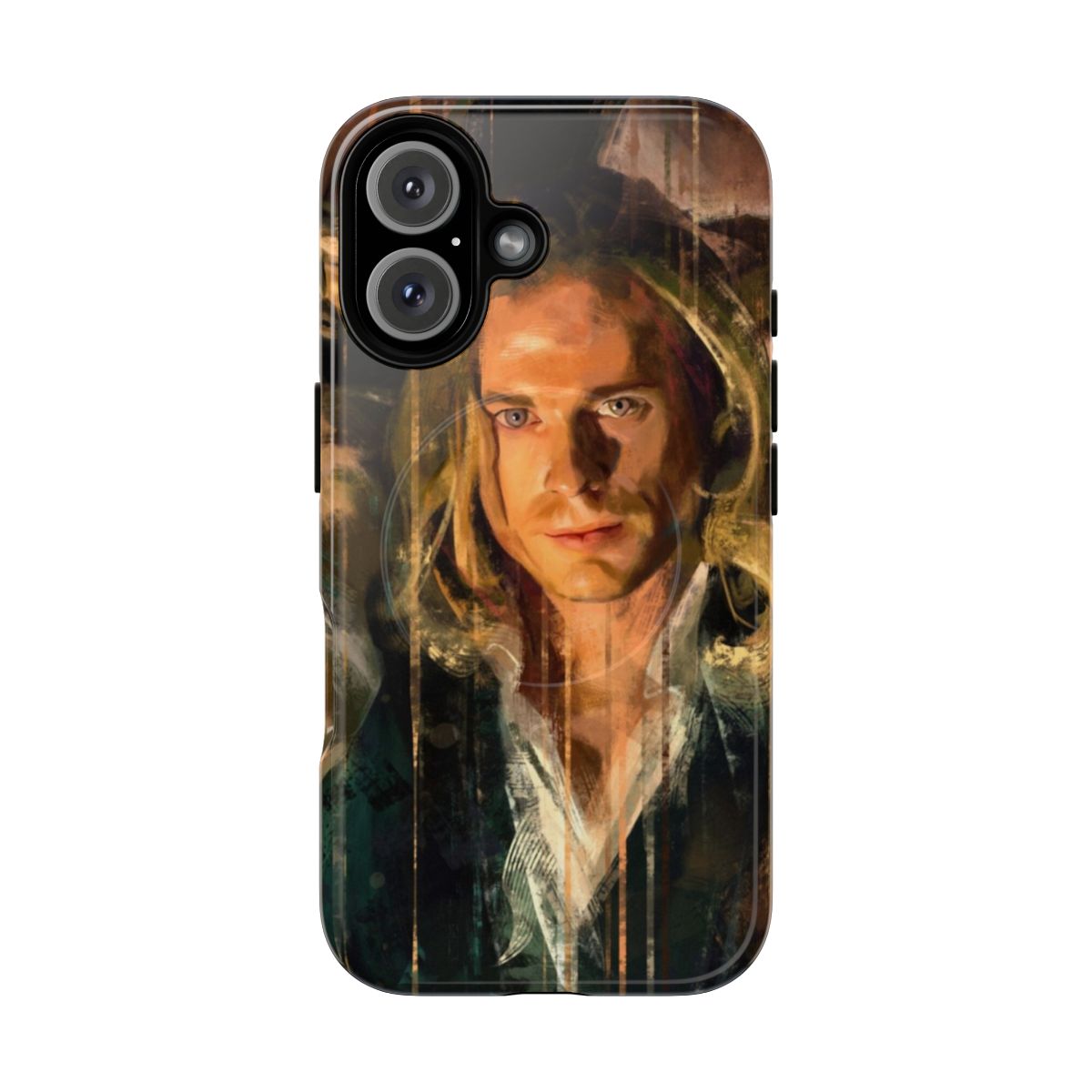 Magnetic tough phone case with a portrait graphic featuring a blond, light-eyed figure with a halo.