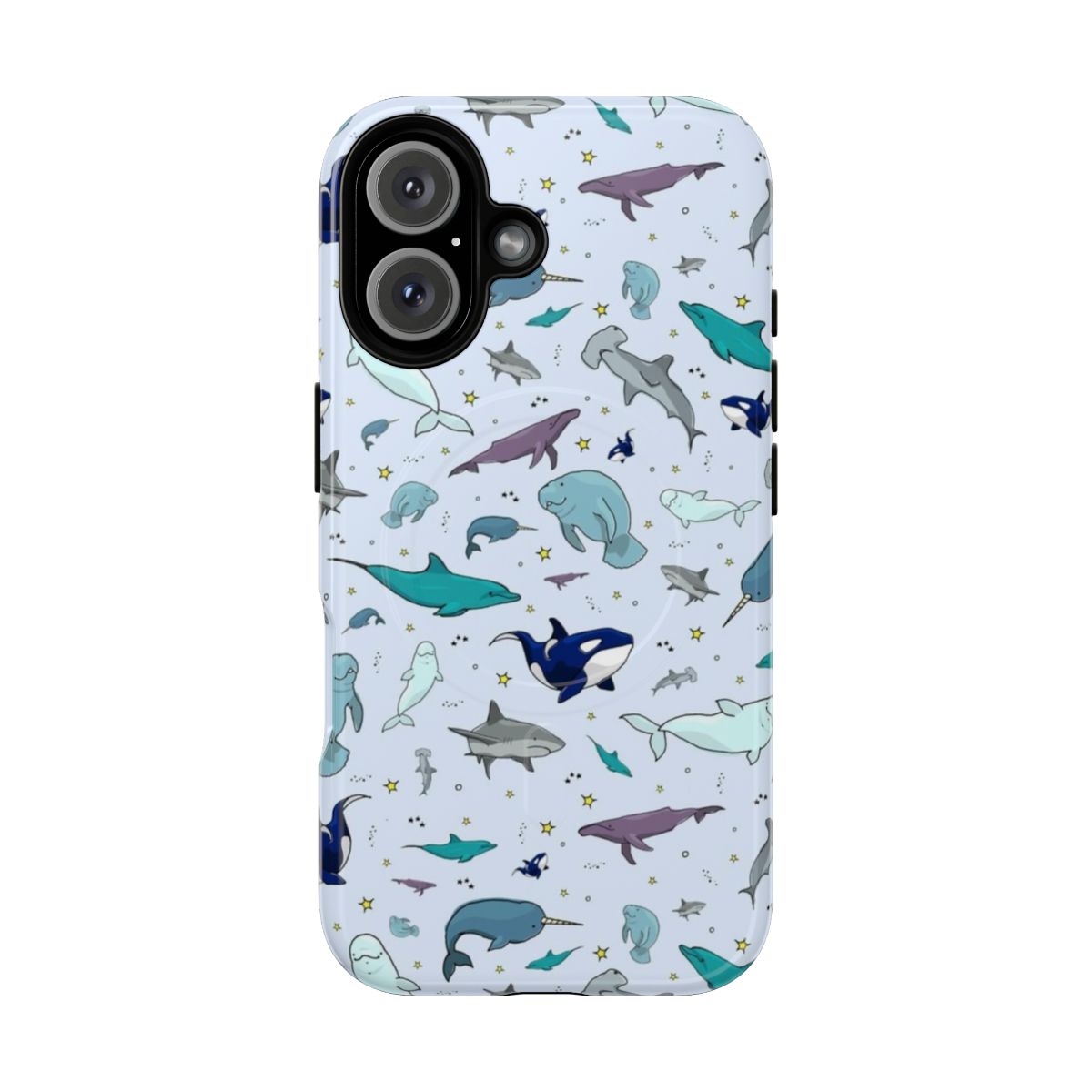 Magnetic phone case with underwater animals like whales, dolphins, sharks, and orcas