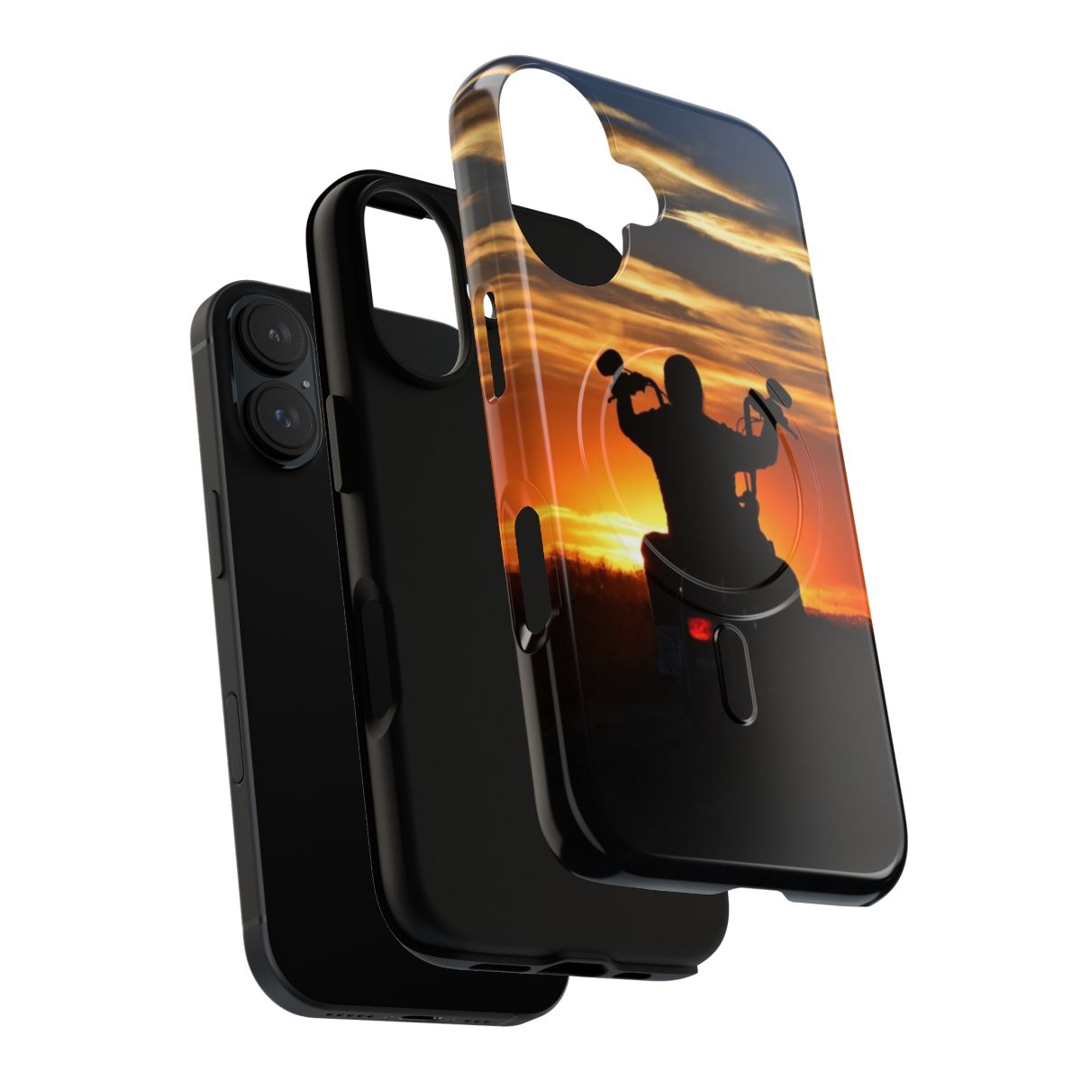 Motorcycle silhouette against a vibrant sunset sky on a durable phone case. - Layers