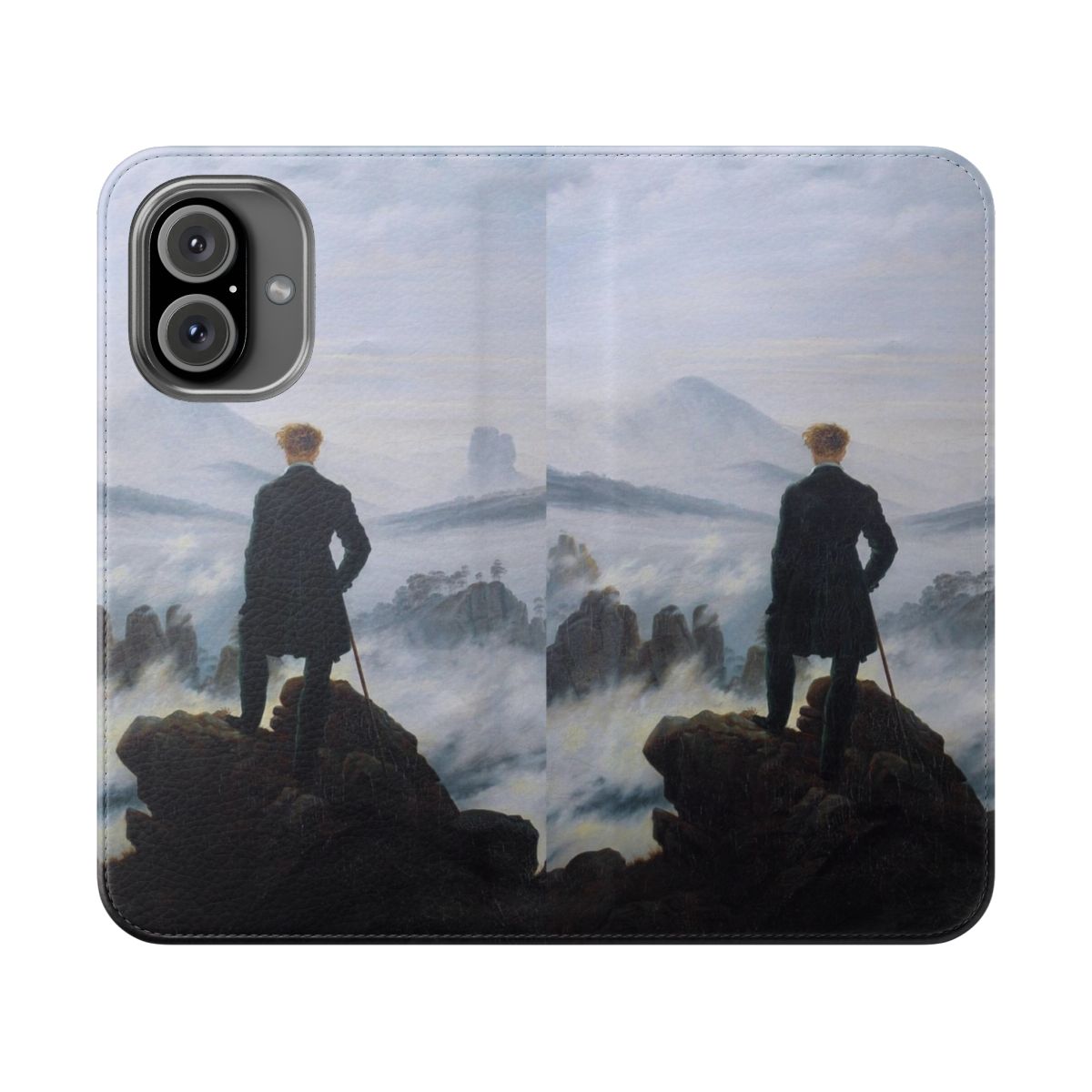 Artistic flip phone case featuring Caspar David Friedrich's famous oil painting "The Wanderer Above the Sea of Fog"