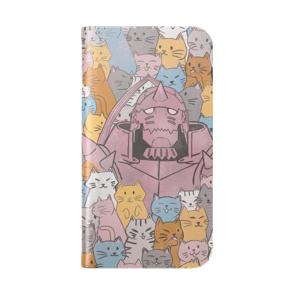 Pastel-colored flip phone case featuring adorable cats inspired by the Fullmetal Alchemist anime series. - Folded Back