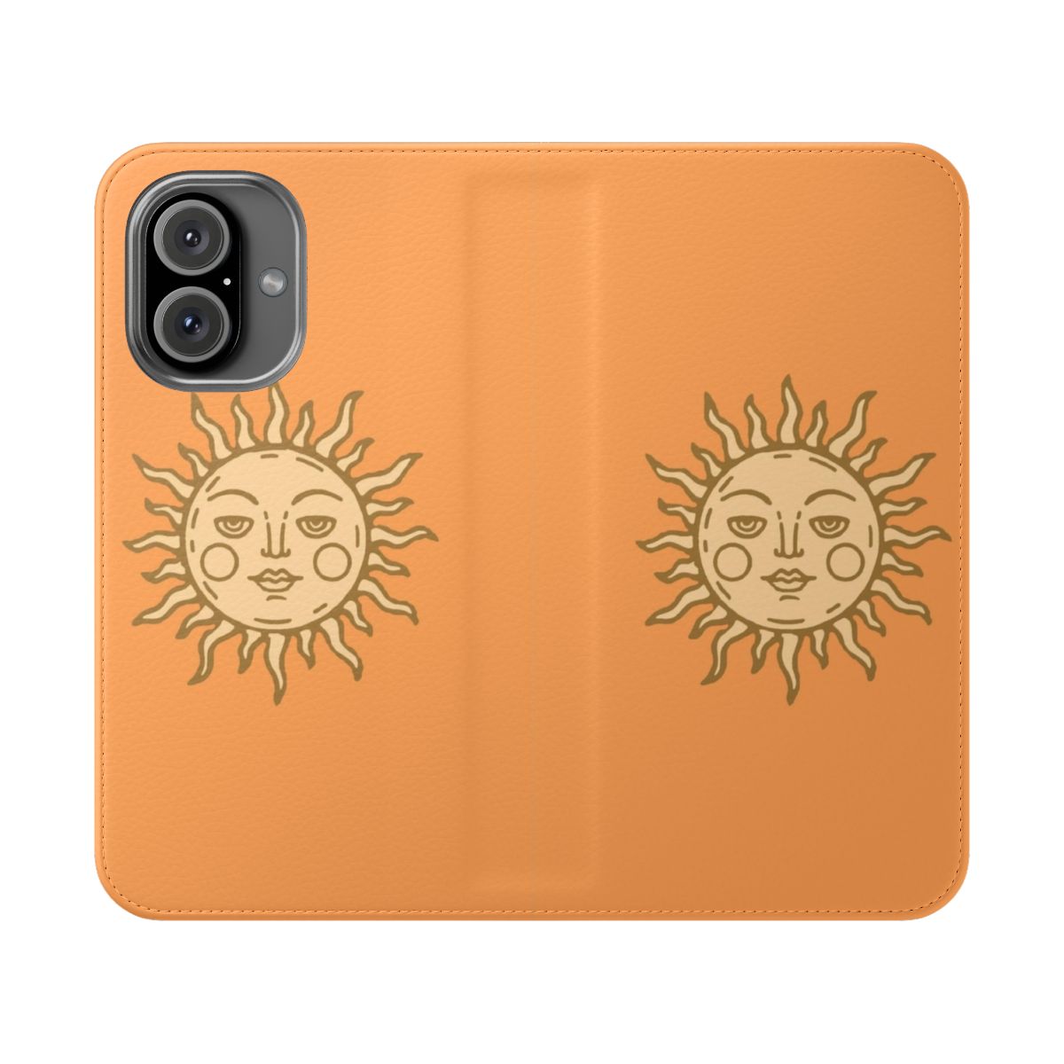 Gold sun-themed phone case with boho, retro, and celestial design elements.