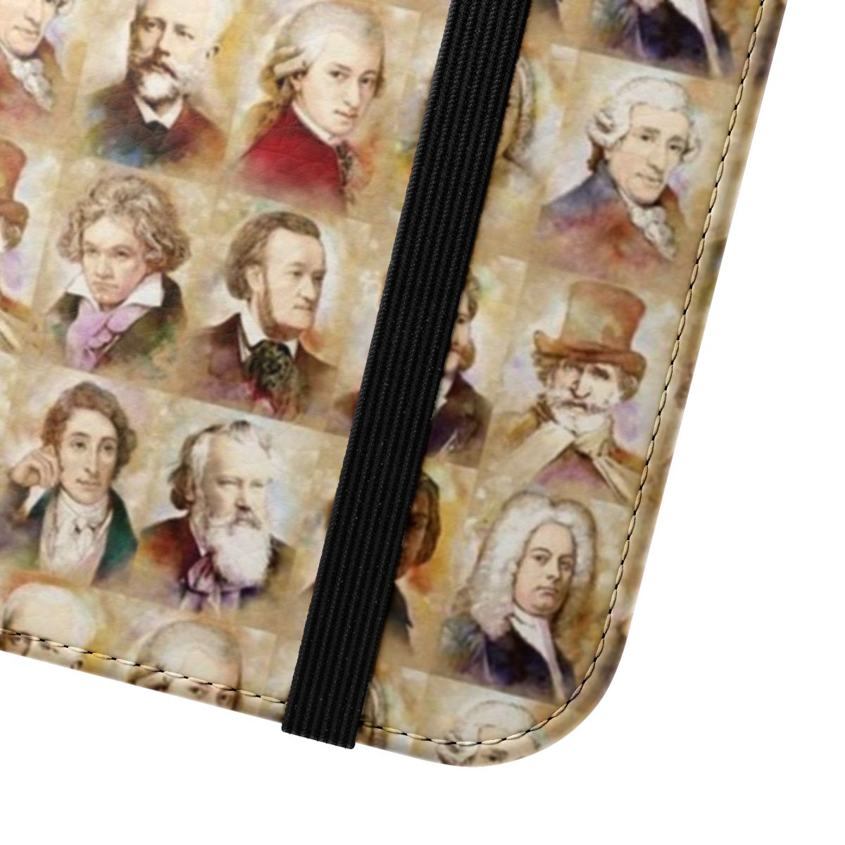 A custom flip cover phone case featuring watercolor artworks of famous classical composers like Mozart, Bach, Beethoven, and more. - Close Up