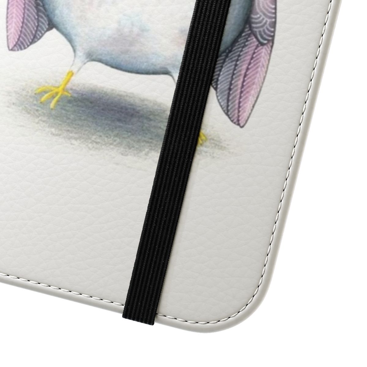 Grumpy bird illustrated on a smartphone flip cover case - Close Up