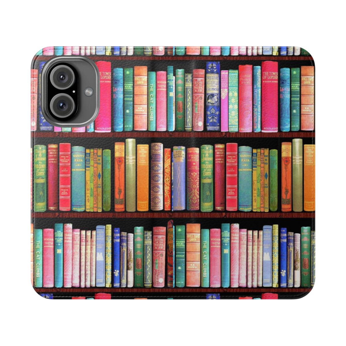 Vintage book-themed flip cover phone case with antique book and bookshelf design