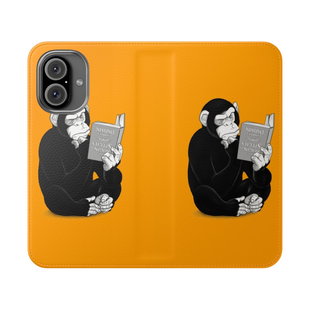 A black and white illustration of a confused-looking chimpanzee on a phone case, evoking the "Origin of Species" by Charles Darwin.