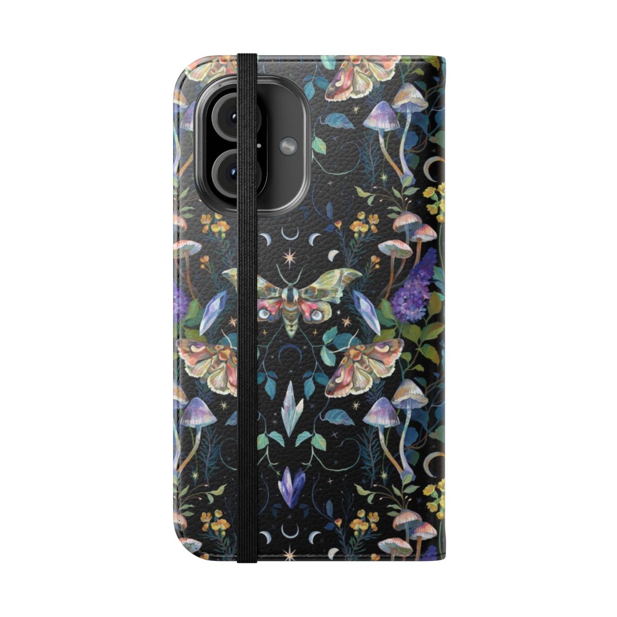 Flip phone case featuring a crystal moth and mushroom design in a botanical, mystical style - Folded Front