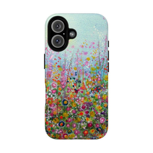 Colorful watercolor painting of a flower meadow on a phone case