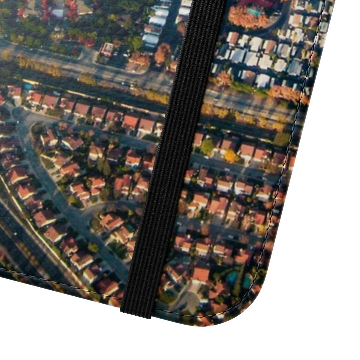 Airplane view flip cover phone case with clouds and sky in the background - Close Up