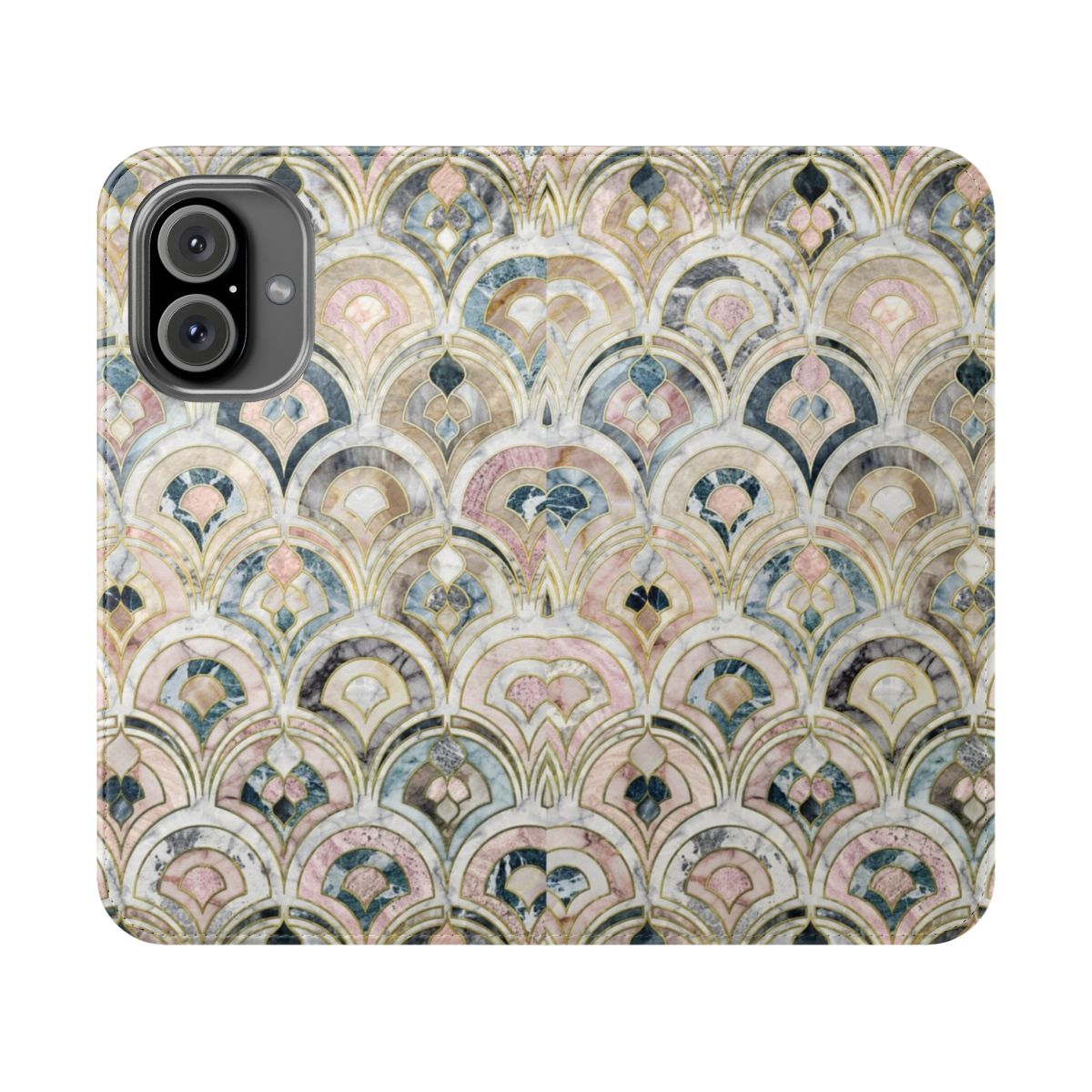 Artistic marble tiles pattern phone case featuring an exquisite art deco design in soft pastel colors.