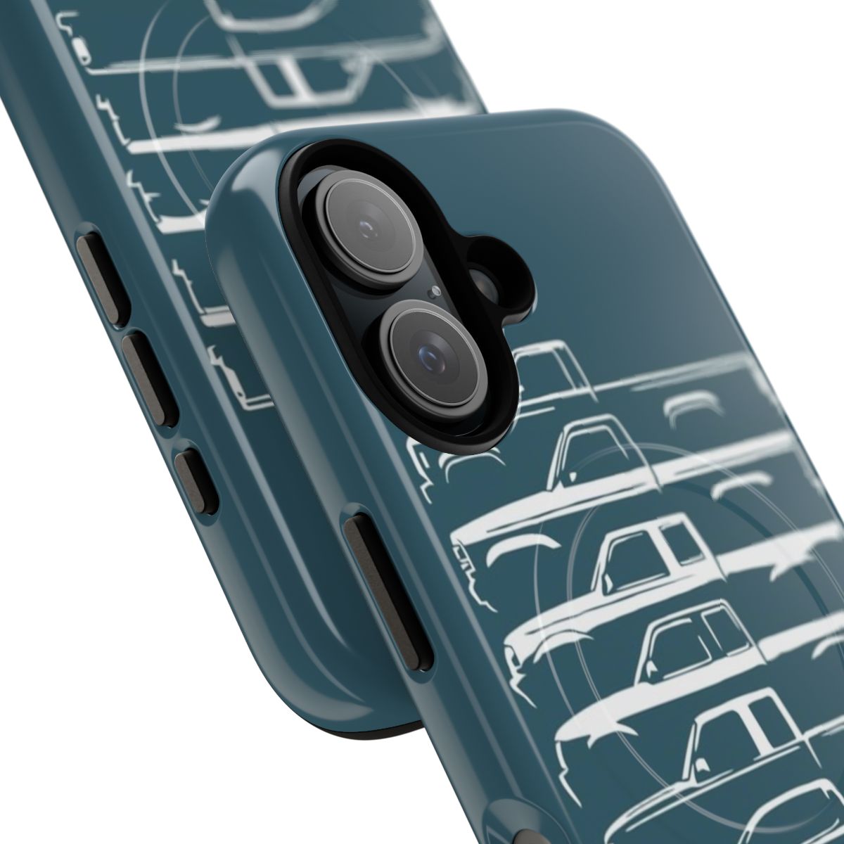 Tough magnetic phone case featuring the evolution of the Ford Ranger pickup truck from 1983 to 2019 - Detail