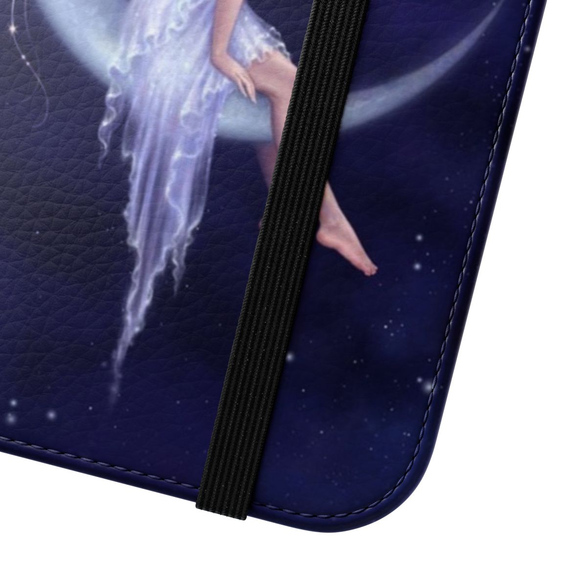 Whimsical fairy phone case featuring a crescent moon and stars against a dark blue background - Close Up