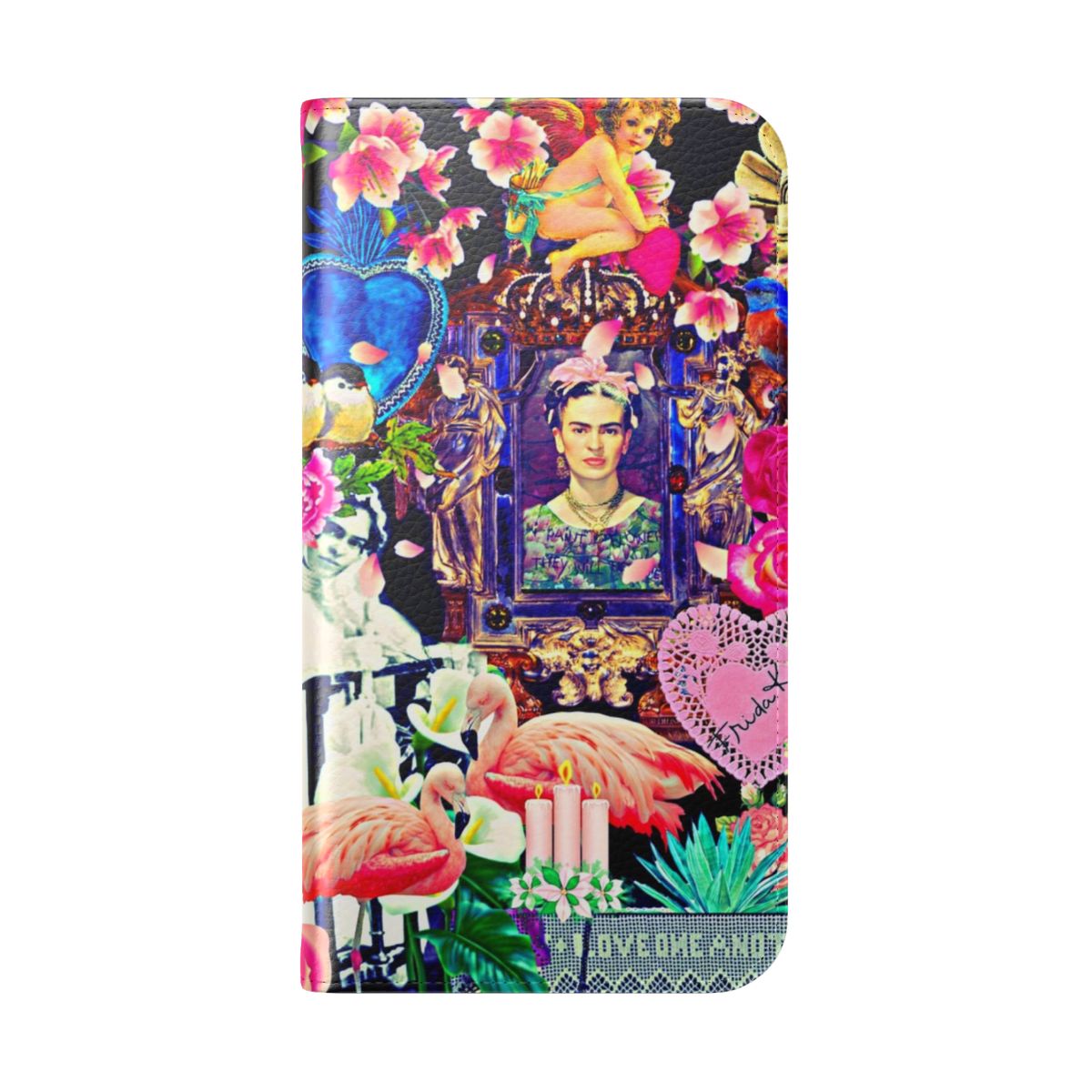 Vibrant collage phone case featuring Frida Kahlo-inspired imagery and religious Catholic iconography - Folded Back